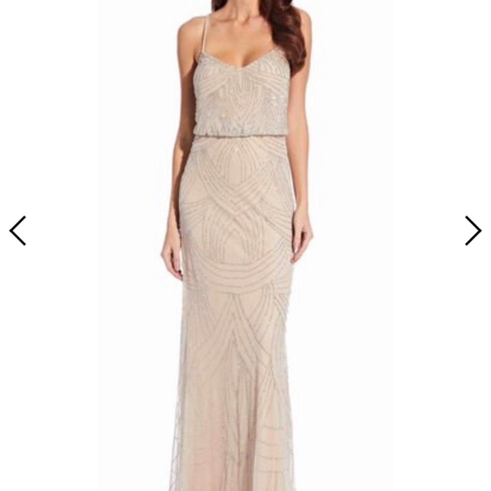 Adriana Papell Long Beaded Dress in Silver Nude